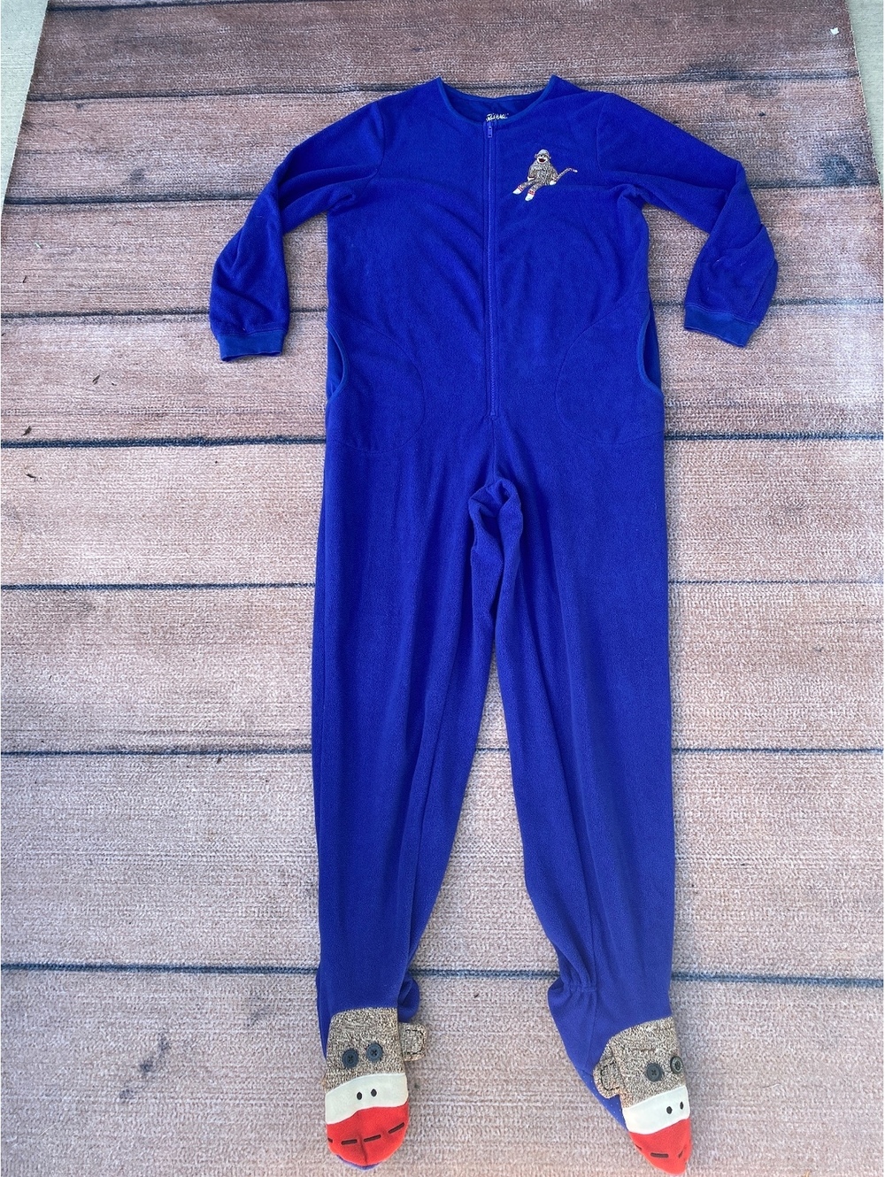 Nick and Nora sock monkey onesie footed pajamas blue fleece full zip large